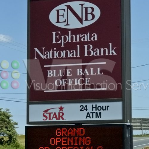 Bank sign with grand opening announcement.