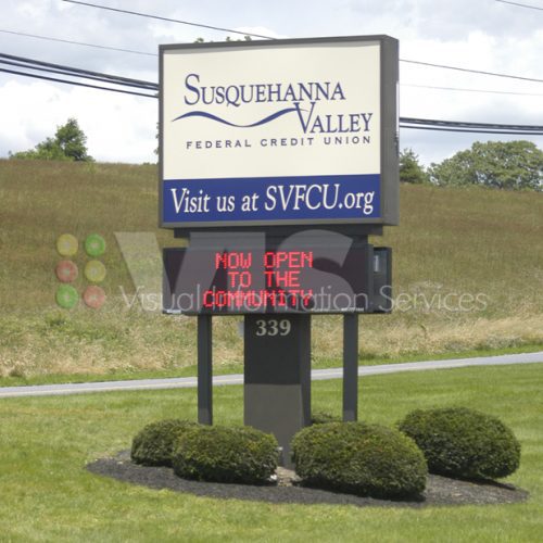 Credit union sign with digital message display.