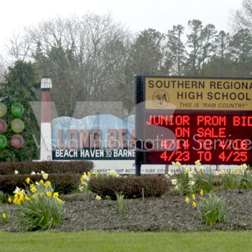 Southern Regional High School sign with announcements.