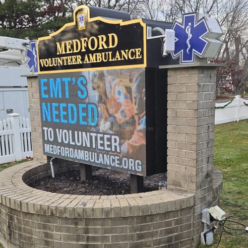 Medford Volunteer Ambulance sign, EMTs needed.